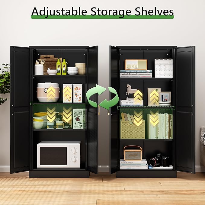 60" Kitchen Pantry Storage Cabinet,Black Tall Storage Cabinet With Doors and Shelves,Metal Food Pantry Cabinets for kitchen storage,Freestanding Cupboard for Dining Living Room,Assemble Required