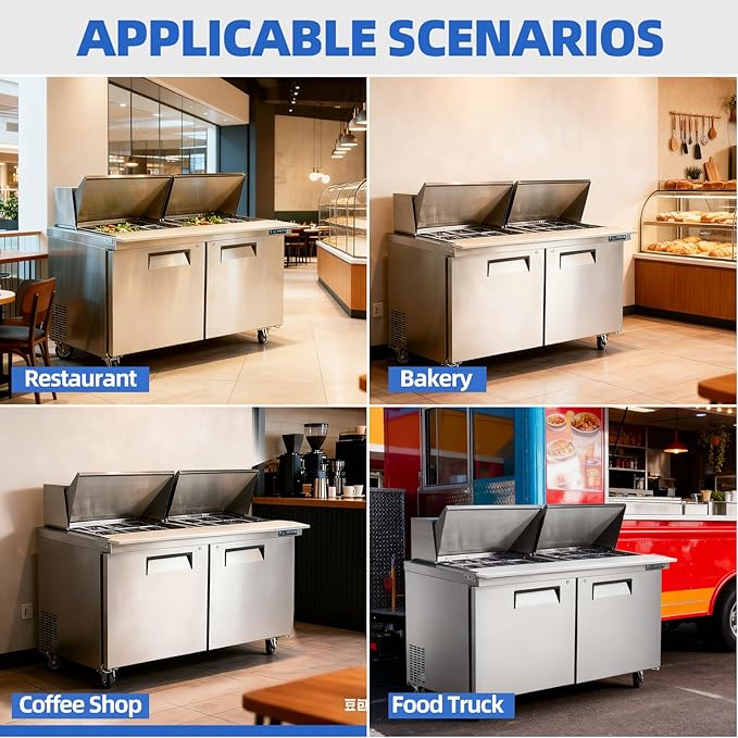 48" W Commercial Refrigerator Sandwich Salad Prep Table, Sandwich Prep Table Refrigerator, Salad Bar Buffet Station For Home with 2 Shelves, Sandwich Prep Table with 12 Pans for Restaurant