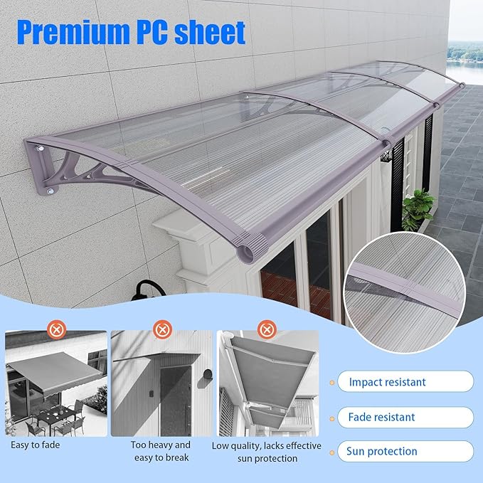 Awning for Door Entrance,40x60 Inches Awnings for Doors with Separate Drainage,Front Door Awning Exterior,Polycarbonate UV, Rain, and Snow Protection for Porch,Patio,Window,Deck