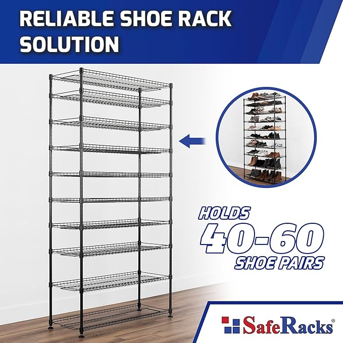 SafeRacks 10-Tier Shoe Rack - Black, Large Shoe Storage Organizer, 60 Pair, Heavy Duty Shoe Stand with Vertical Free Standing Shoe Shelf, Perfect for Entryway, Closet, Garage, & Bedroom Storage