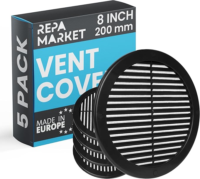Repa Market 8 Inch (Opening) Black Round Air Vent Cover - Pack of 5 Plastic Fresh Air Intake Vent - AC Cover with Nylon Mesh Screen - Wall, Ceiling HVAC Return Air Register - Modern Soffit Vents