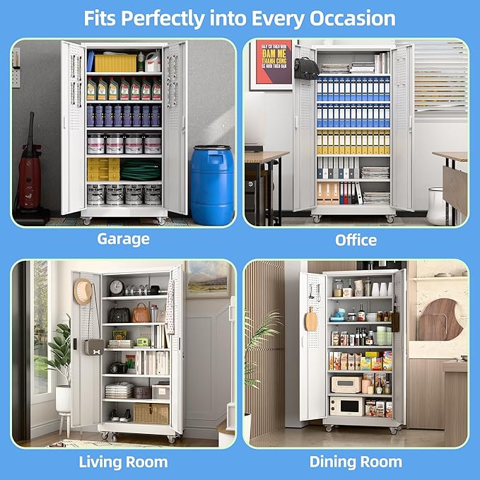 SUXXAN Metal Garage Storage Cabinet with Wheels and Pegboard 71'' x 34'' x 18'', Lockable Rolling Steel Cabinet with 5 Adjustable Shelves and Door for Garage, Office, Kitchen, Assembly Required