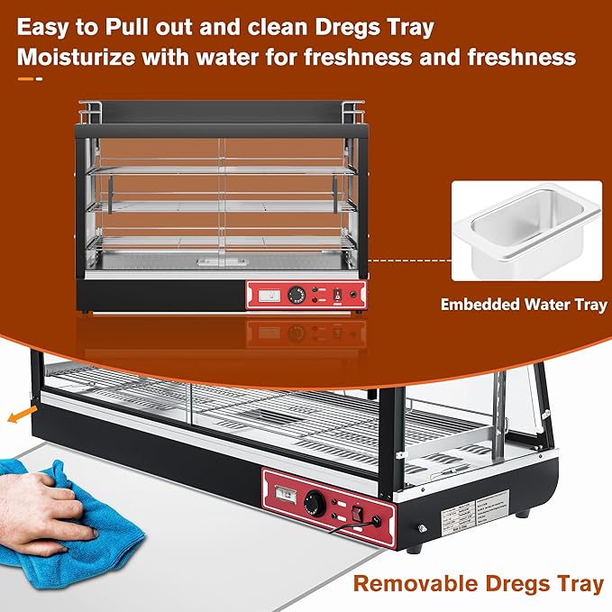35inch 3-Tier Commercial Food Warmer with Top Rack for Milk Juice, Countertop Heat Holding Cabinet Display Case for Pizza/Pretzel, Three Color Lighting, w/Thermometer for Cafeteria Kitchen Restaurant