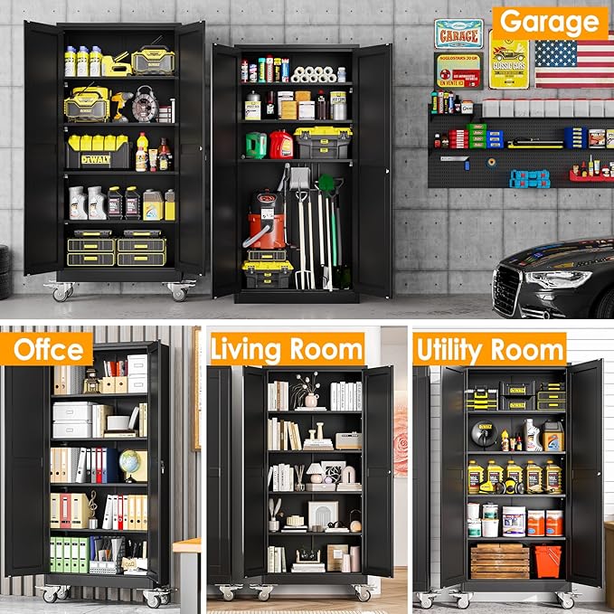 71''H Tall Metal Garage Storage Cabinet with Wheels,Steel File Cabinets with 2 Doors and 4 Adjustable Shelves for Home Office, Warehouse, Required Assembly,Black