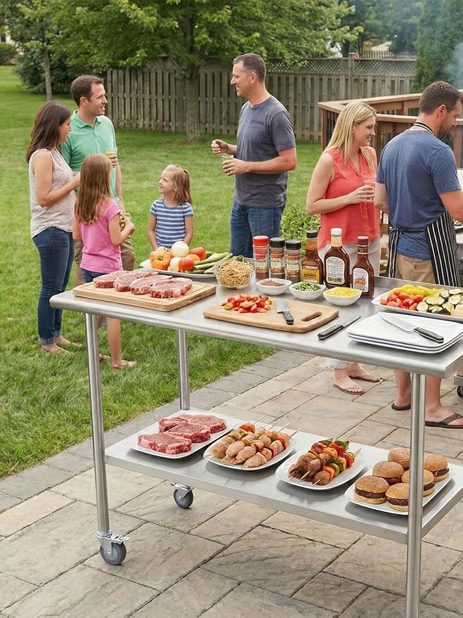 All-Stainless Steel Prep Table, 24 X 48 Inches, with Rounded-Corner Backsplash, Wheels and Adjustable Undershelf, Heavy-Duty for BBQ,Restaurants,Hotels,Workshops,Kitchens