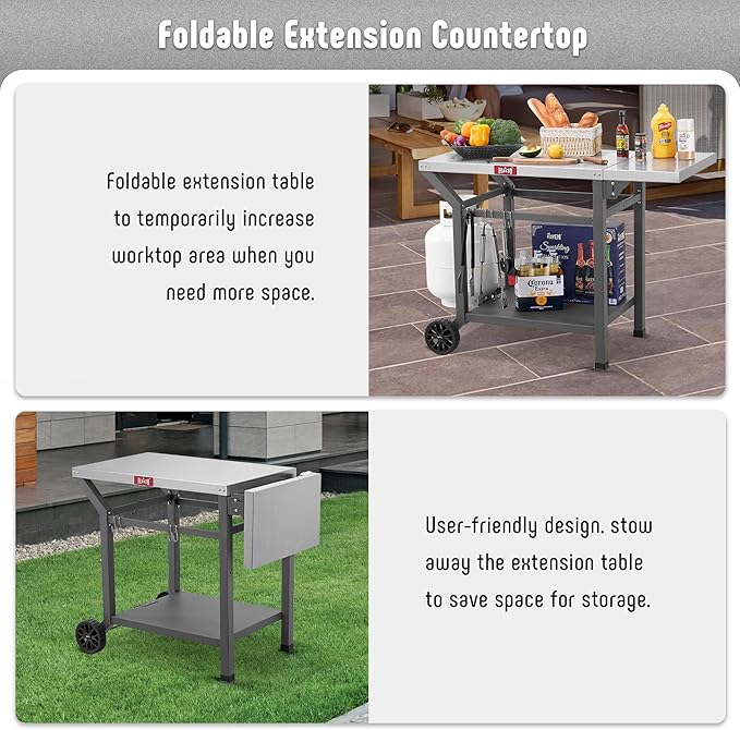 Movable Grill Table with Folding Side Table, Pizza Oven Table as BBQ Food Prep Cart with Undershelf for Outdoor & Indoor Use, 43" L x 20" W Stainless Steel Tabletop, Gray