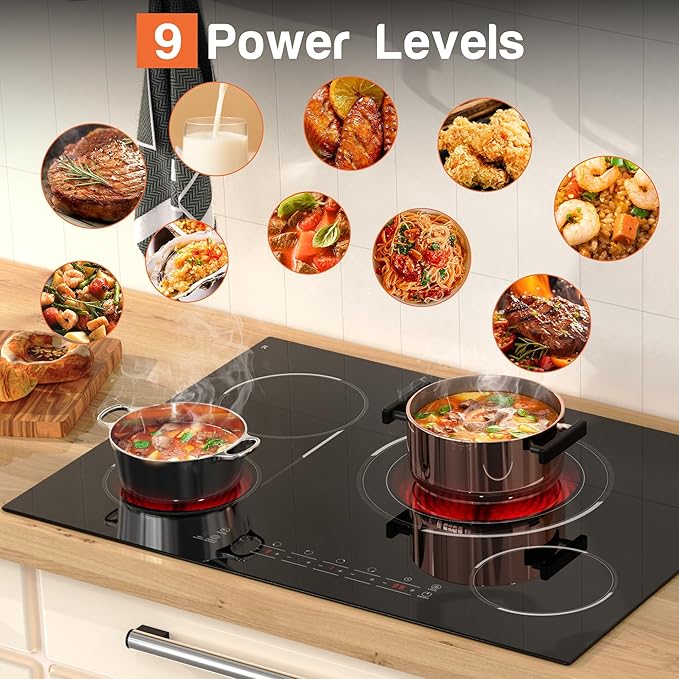 30 Inch Electric Cooktop, 4 Burner Ceramic Stove Top 7800W, Built-in Electric Stovetop with BBQ Burner, Touch Control, Timer, Child Safety Lock, Pause Function, 220-240V, Hard Wire, No Plug