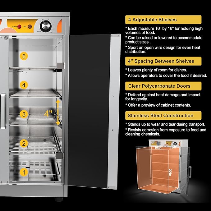 5-Shelf Electric Catering Hot Box Food Warmer Accommodating up to (10) 15" Pizza Boxes, Countertop Heated Holding Cabinet for Pretzels, Warming Machine for Home Commercial Use, 120V 600W