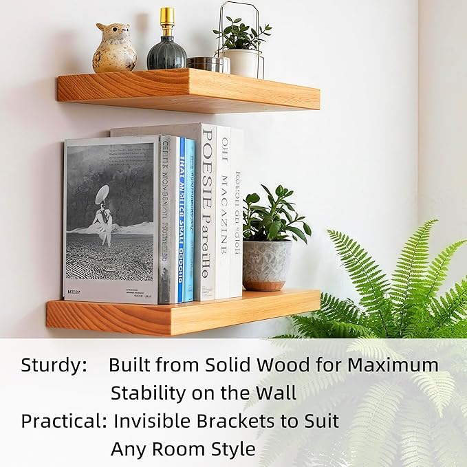 Floating Shelves for Wall 16 Inch Solid Real Wood Shelves Set of 2 Rustic Farmhouse Wall Mounted Wood Shelf for Bedroom Living Room Bathroom Kitchen Home Decor Office