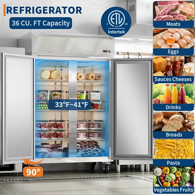 48" Commercial Refrigerator Freezer Combo, 36 Cu.ft Upright Freezer, Stainless Steel Beverage Cooler, 2-Door Commercial Refrigerator Freezer, Fan Cooling, Auto Defrost, 6 Shelves for Restaurant Shop