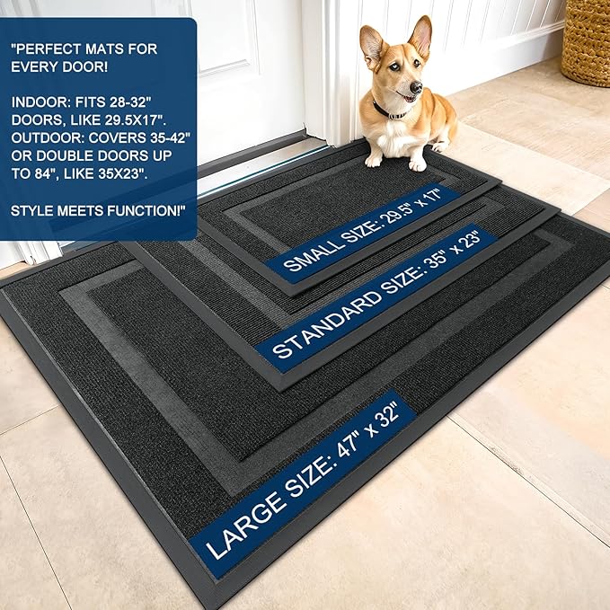 OLANLY Front Door Mat Indoor Outdoor Entrance, Waterproof All-Season, All-Weather Doormat, Sturdy Natural Rubber, Fade Resistant, Low Profile, Easy Clean Patio Porch Entryway Mat, 23.5x15.5, Black