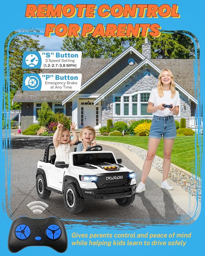 ENYOPRO 24V 2 Seater Ride on Car for Kids, Licensed RAM 1500 RHO Ride on Truck w/Remote Control, Toddlers Electric Car w/LED Lights, Bluetooth, Soft Start, 4-Wheel Suspension, Rear Cargo Bed (White)