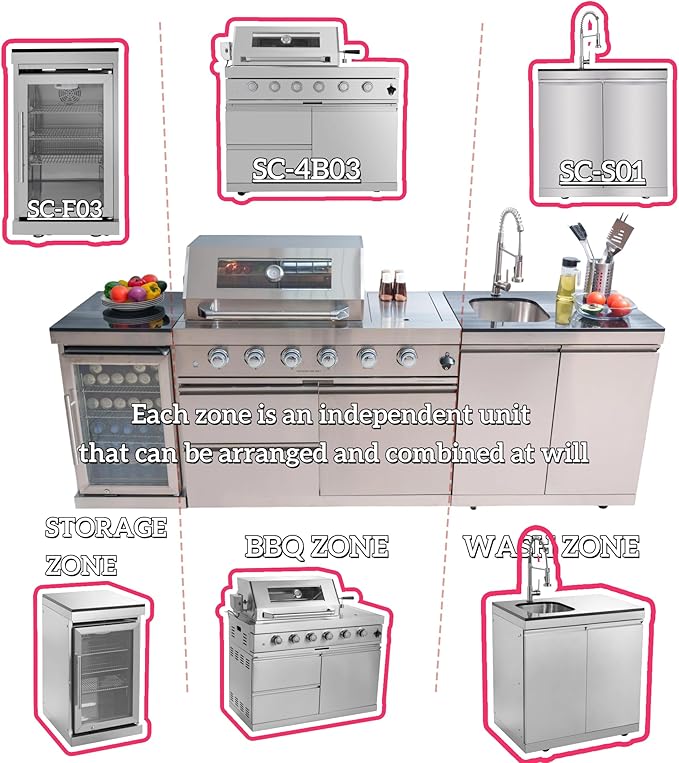104 Inches 4-Burner 85,000 BTU Deluxe Stainless Steel Propane Gas Grill Outdoor Kitchen Island,Sink,Storage Cabinet and Beverage Refrigerator Storage&Drawers for Patio Backyard Cooking,Silver