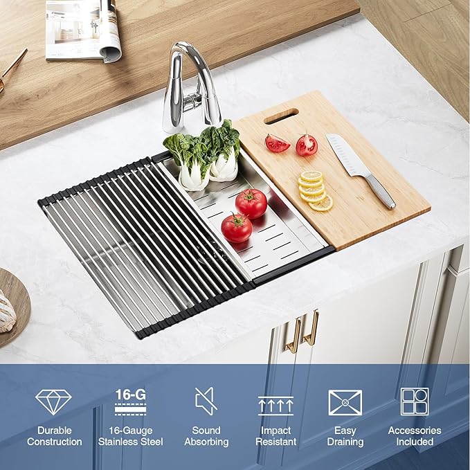 32 inch Kitchen Sink Undermount Stainless Steel Workstation 32x19x10 inch 16 Gauge Under Counter Kitchen Sinks Basin with Accessories Single Bowl Kitchen Sink