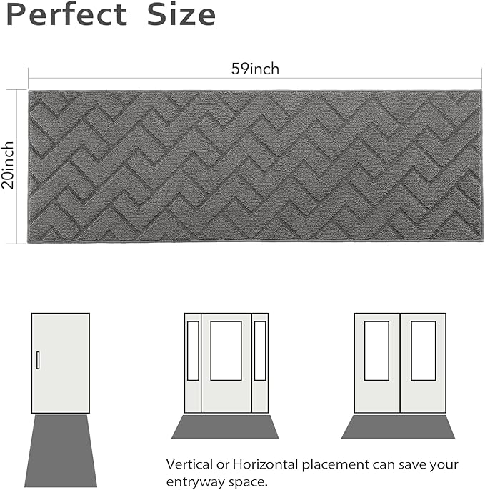 hicorfe Dirt Trapper Indoor Doormat,20"x59" Welcome Door mat,Non Slip Backing Washable Door Mats,Absorbent and Resistant Low-Profile Entrance Inside Floor Mat for Front Back Door,Entryway (Grey)