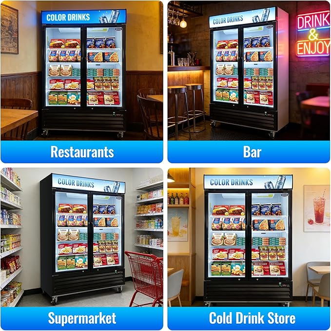mikibama Glass Door Merchandiser Freezer, 44.7 Cu.ft Swing Door Commercial Reach-In Display Refrigerator with LED Top Panel Upright Freeze Storage, Double Cabinet, Black