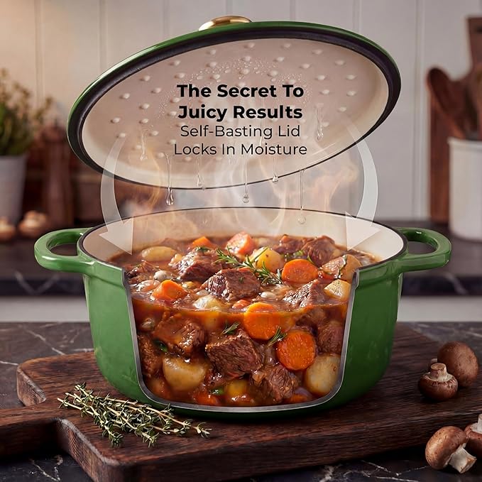 Zulay Kitchen 6 Quart Enameled Cast Iron Dutch Oven Pot with Lid – Premium Durability & Oven Safe up to 500°F – Heavy Duty Cookware Perfect for Bread Baking, Stews, Braising & Roasting – Green