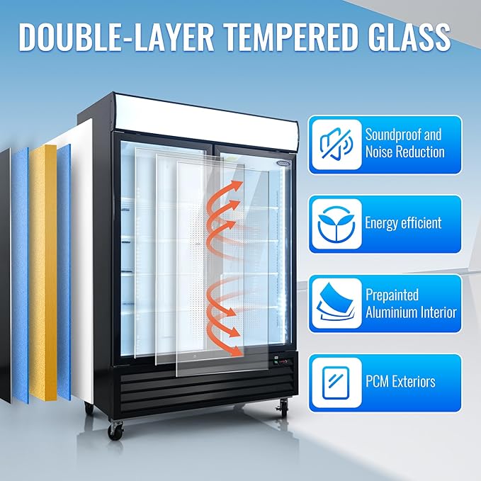 mikibama Glass Door Merchandiser Freezer, 44.7 Cu.ft Swing Door Commercial Reach-In Display Refrigerator with LED Top Panel Upright Freeze Storage, Double Cabinet, Black