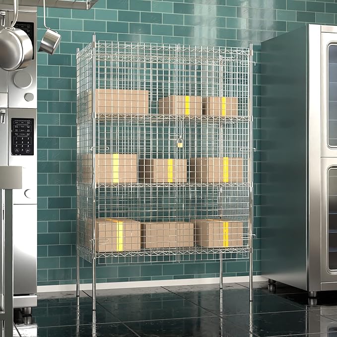 Commercial Grade NSF Listed Metal Wire Mesh Storage Chrome Security Cage Kit, 24" x 48" x 74", Perfect for Warehouse, Grocery Store, Restaurant, Dishroom