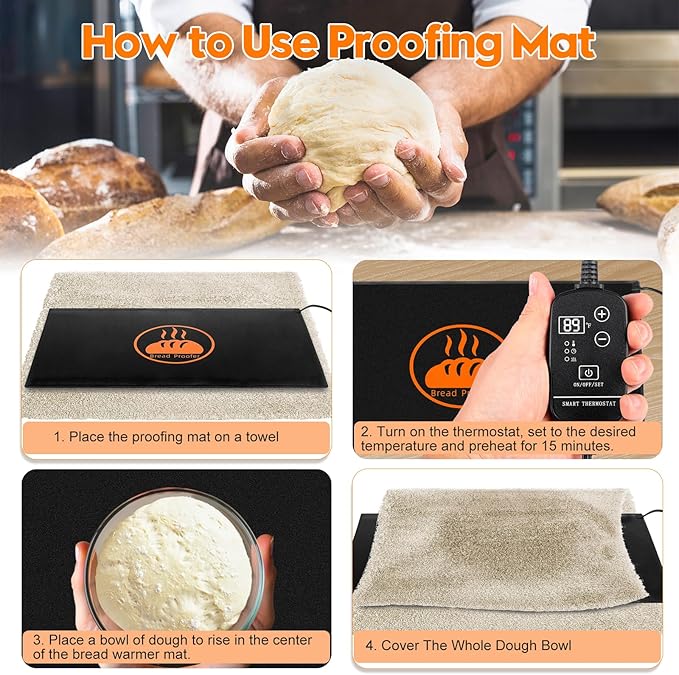 Bread Proofing Warming Mat for Sourdough, Sourdough Warming Mat - 59-140°F Adjustable Thermostat Electric Dough Riser Heating Mat, Dough Mat Heated (10" x 21") - XL Bread Proofing Mat
