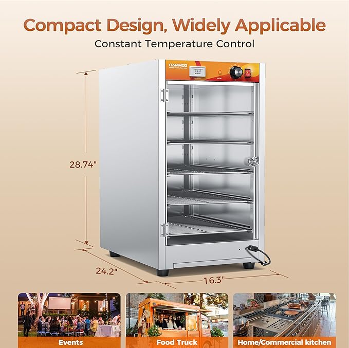 133Qt 5-Tier 900W Commercial Food Warmer w/ 304 Blued Stainless Steel Heating Element, Single-Tempered Glass Door, Adjustable Shelf, Electric Catering Hot Box Countertop Heated Holding Cabinet
