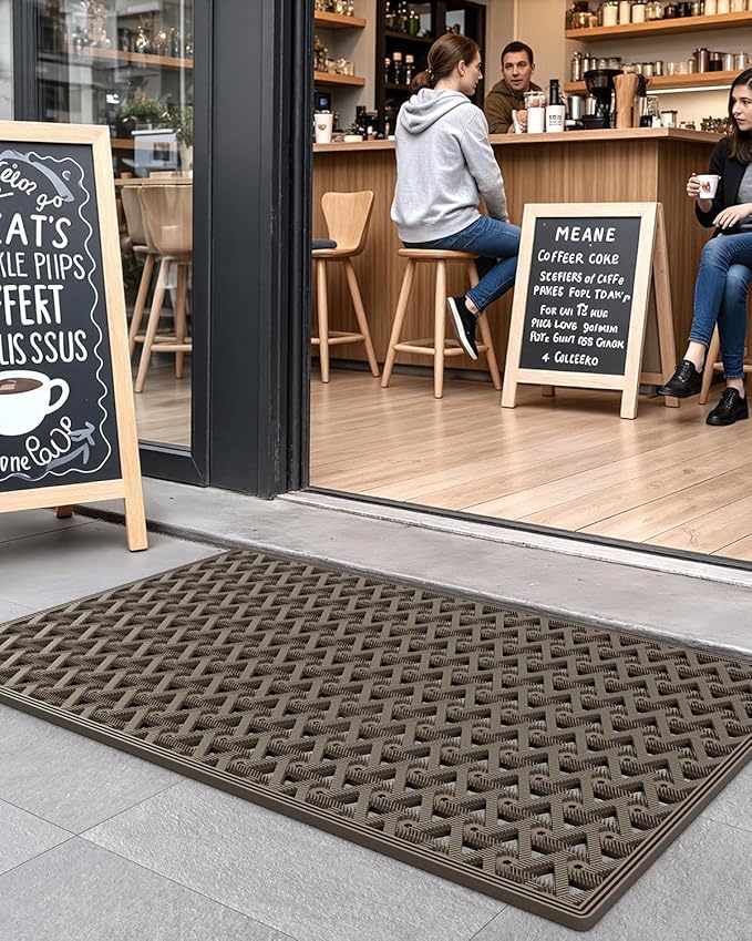 DEXI Front Door Mat Outside Entrance Rubber 24x36, Welcome Floor Doormat Heavy Duty Non Slip, Dirt Trapper Waterproof Exterior Entry Mats All Weather for Patio Entryway Drainage, Brown