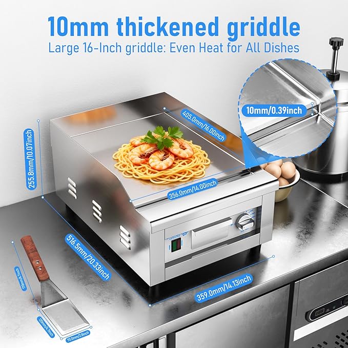 Commercial Electric Griddle, 16"x14" Cooking Surface with 10mm Thick Plate, ETL Certified 572°F Precise Temperature Control, 3" Splash Guard, Heavy-Duty 201 J1 Stainless Steel