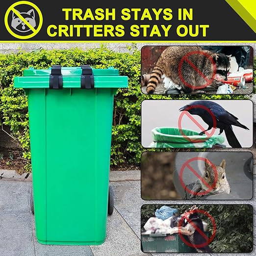 GripHandle Metal Double-Claw Trash Can Lid Lock Strap for Animals,Bungee Cord with Hooks for Trash Bin Garbage Pail,Outdoor Outside Trash Lid Holder to Keep Raccoons out,Fits 20-96 Gallon Cans - 4Pcs