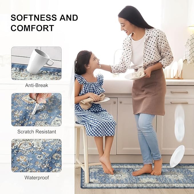 Collive Kitchen Rugs Anti Fatigue, Cushioned Kitchen Floor Mats Waterproof, Non Skid Comfort Standing Mats for Office, Sink, Laundry, 17”x59”, Blue