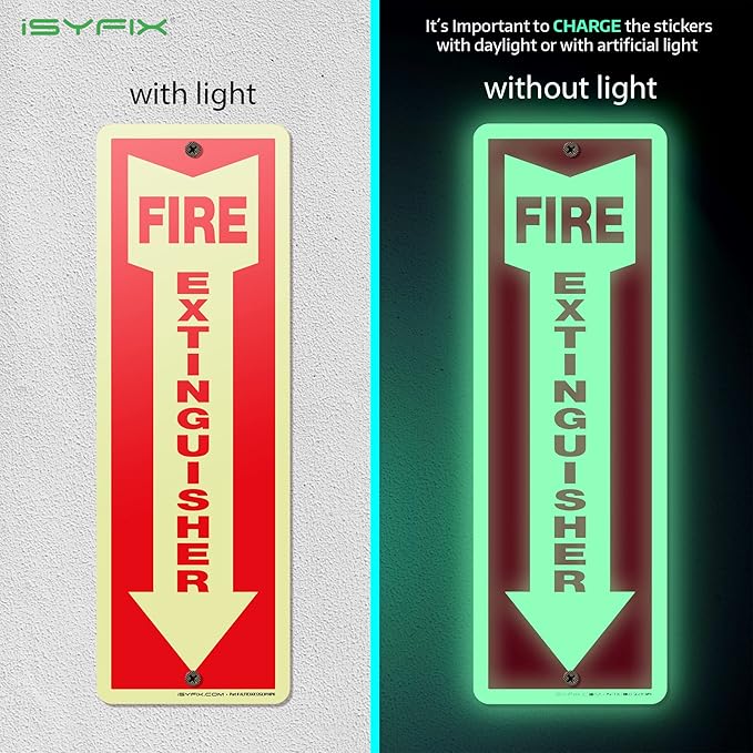 iSYFIX Fire Extinguisher Glow in the Dark Aluminum Signs – 10 Pack 4x12 Inch – Photoluminescent, Laminated for Ultimate UV and Fade Resistance, Indoor and Outdoor, for Business, Schools, Hospitals,