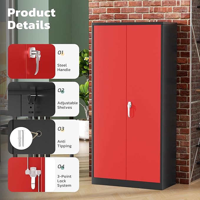 Greenvelly Metal Storage Cabinet with 2 Doors and 4 Adjustable Shelves, 72”H Steel Lockable Storage Cabinet,Tall Metal Garage Cabinet Locking File Cabinet for Office,Home, Garage, Gym, School
