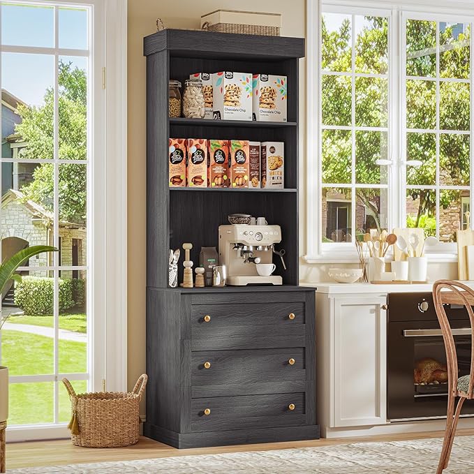 71" Tall Farmhouse Kitchen Pantry, Large Storage Cabinet with Drawers, Freestanding Coffee Bar Hutch with Microwave Stand, Adjustable Shelves for Kitchen, Living Room, Black 4 Pcs