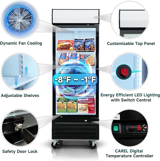 27" Commercial Display Freezer with 1 Glass Door - 20 Cu.ft Capacity, Digital Temperature Control, Auto Defrost, Freezer Top Sign, LED Lighting, Energy Efficient for Store & Supermarket