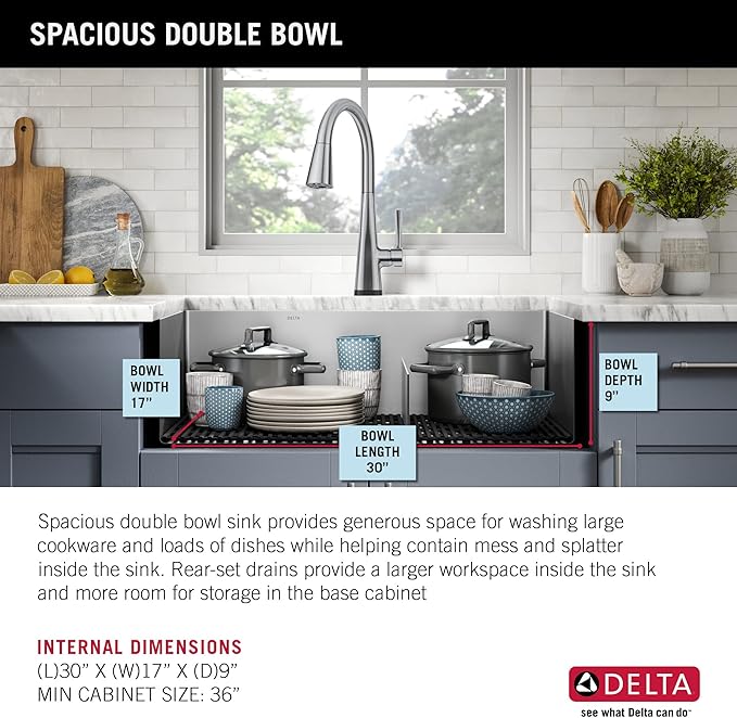 DELTA FAUCET Delta Lenta 32-inch Undermount 16 Gauge Stainless Steel Double Bowl Kitchen Sink with Accessories, 953034-32D6-SS, Satin, 32 Inch - Double Bowl