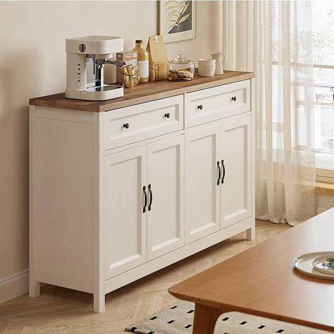 Gizoon Farmhouse Kitchen Sideboard Buffet Cabinet with Storage, Wood Coffee Bar and Storage Sideboard with Drawers and Doors for Kitchen, Dining Room, 15.7" D x 55.1" W x 35.3" H, White/Rustic Brown