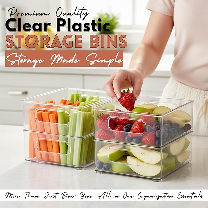 Four Flowers 6 Pack Clear Plastic Storage Bins with Handles, Pantry, Fridge, Kitchen, Cabinet, Bathroom, Closet, Freezer & Laundry Room Organizer Bins for Home Storage