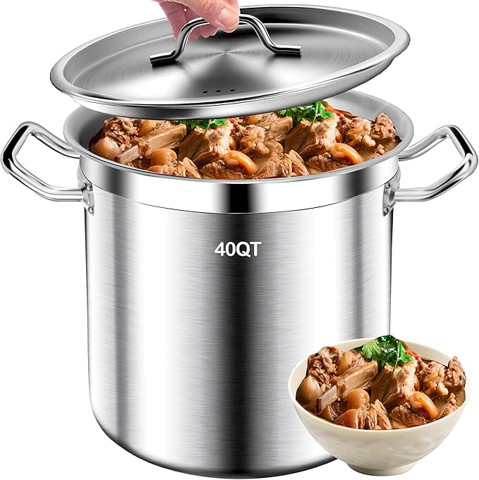 Large Stock Pot - Heavy Duty Tri-Ply Bottom Commercial Grade Soup Pot for Cooking Soup, Stew, Canning, Oven, Gas, Ceramic, Dishwasher Safe