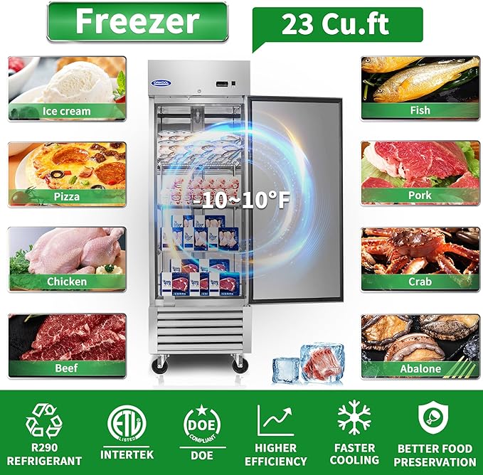 23 Cu.Ft Commercial Freezer, 27" Upright Freezer, 1 Solid Door, Stainless Steel Reach-in Freezer with 3 Shelves for Restaurant Garage, ETL and DOE Approved