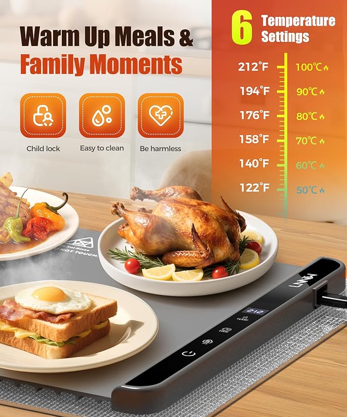 Food Warming Mat with Heat-Resistant Pad, 26X15 Inch, 6 Temperature & 6 Timer Settings, Child Lock Safety,Food Warmer Chafing Dishes for Buffet,Gatherings,Parties,Everyday Use