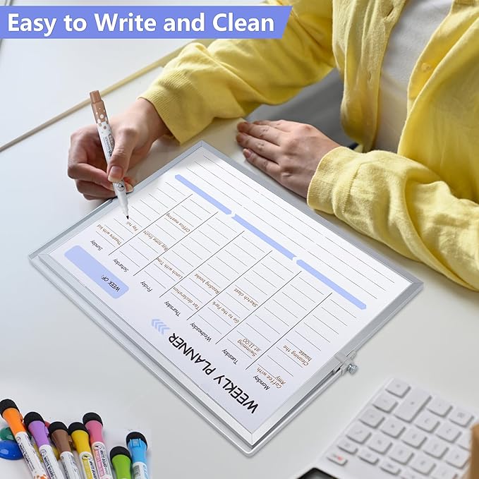 3 in 1 Blue Magnetic Dry Erase Weekly Planner&Monthly Calendar& 16"x12" Double Sided Magnetic Desktop Whiteboard with Stand,8 Markers, 4 Magnets, 1 Eraser for Office,School,Home