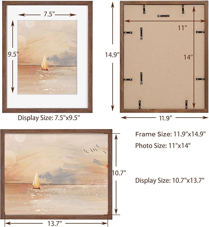 11x14 Picture Frame for Wall, 11 x 14 Photo Frames - Made of Solid Oak Wood & Tempered Real Glass, Rustic Wood 11 by 14 Frames for Home Decor, 11x14 Frame Matted to 8x10, Walnut Color, 1 Pack