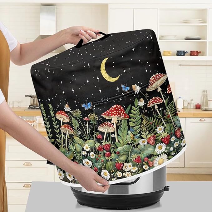 Mushroom Star Print Rice Cooker Protective Cover Lightweight Pressure Cooker Cover with Handle & Pocket, Washable Round Air Fryer Cover Home Kitchen Décor