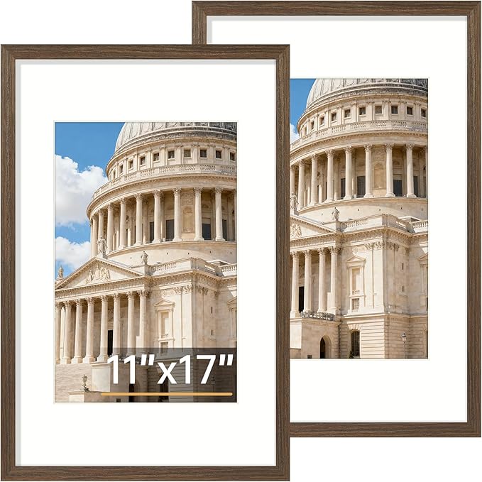 Vittanly 11x17 Picture Frame Set of 2, Solid Wood Frame for Wall Art Photo and Prints, Display Photo 8x12 with Mat or 11x17 without Mat, Brown