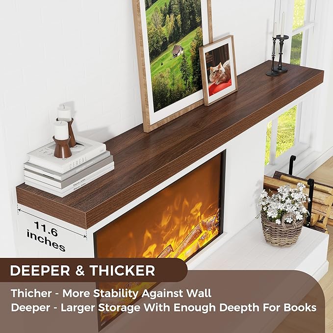 Floating Shelves for Wall 72"W x 11.6"D x 2"H, Long Engineered Wood Wall Shelves with Invisible Brackets for Living Room Bedroom Bathroom Office Kitchen Decor and Storage, Walnut Finish, Set of 1