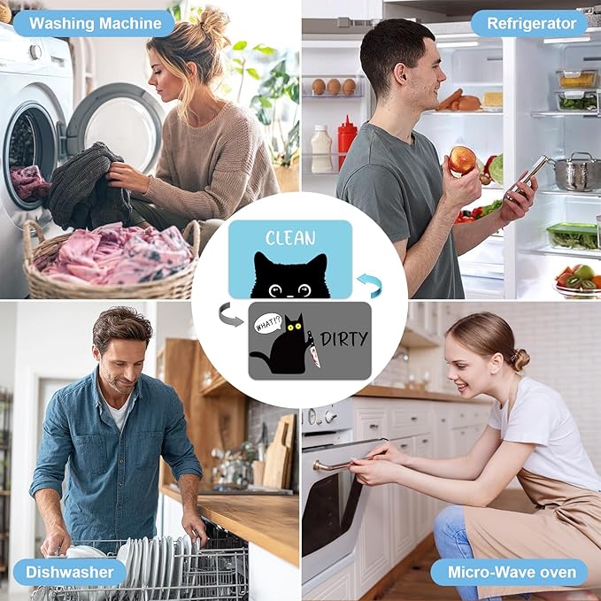 Funny Black Cat Cartoon Clean Dirty Dishwasher Magnet, Washing Machine Magnets Flip, Cute Cat Refrigerator Clean Dirty Sign, Double Sided Reversible Non Scratch Dish Washer Magnet Sign (Blue&Gray)