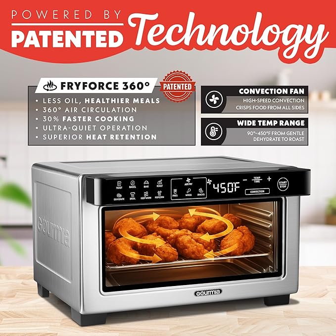 Gourmia Toaster Oven Digital Air Fryer - Convection Mode with 4 Slice Capacity, 3 Rack Positions, 12 Presets, Toast, Bagel, Bake, Roast, Broil, Dehydrate, Popcorn, Fits 9" Pizza, Stainless Steel
