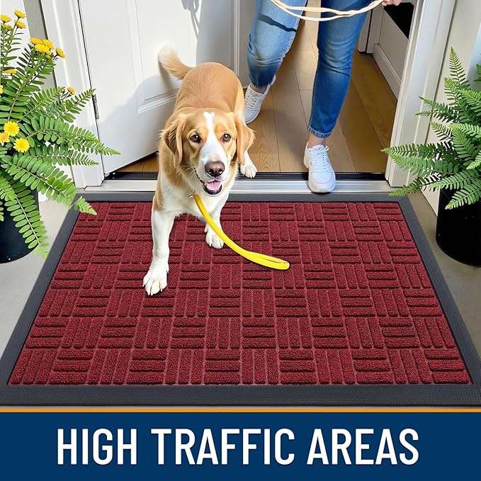 OLANLY Front Door Mat Outside Entrance 59x34, Absorbent, Heavy Duty Sturdy Natural Rubber Doormat Indoor Outdoor, Non-Slip, Stain and Fade Resistant, Low Profile Floor Mat for Entryway, Black Red