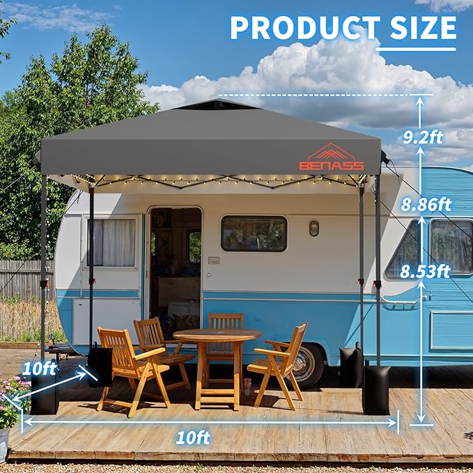 10x10 Pop Up Canopy, Easy Up Canopy Tent, Heavy Duty Tents for Parties, One Person Set Up Event Tent, Light Grey