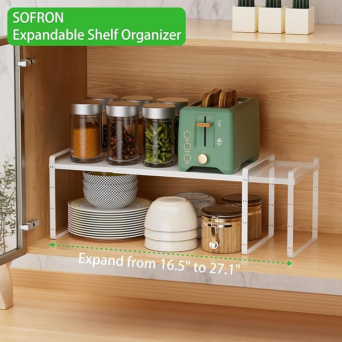 Expandable Cabinet Storage Shelf Stackable Organizer Rack for Kitchen Bathroom Pantry Spice Cupboard Countertop Home Office Desk Heavy Duty Nonslip White Small 1 PACK