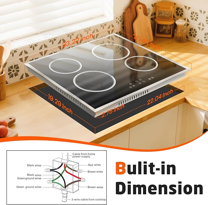 24 Inch Electric Cooktop 4 Burner Electric Stove, 6000W Built in Ceramic Stovetop with Touch Control 24", Timer, Child Lock, 9 Heating Level, 220-240v, Hard Wire(No Plug)